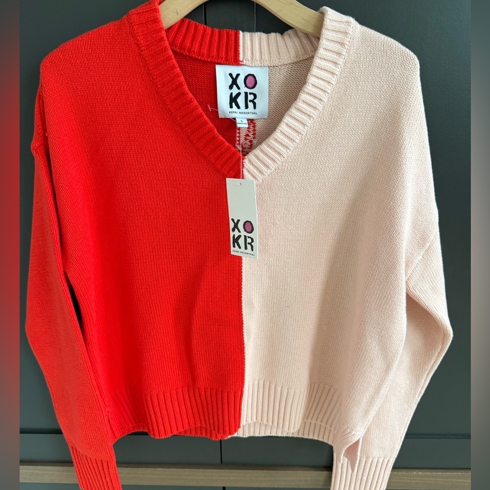 Anthropologie | Kerri Rosenthal | XOKR Heart Colorblock V-Neck Knit Sweater • S